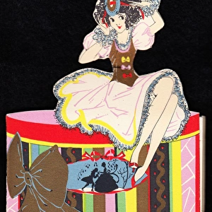 Lady sitting on a hat box