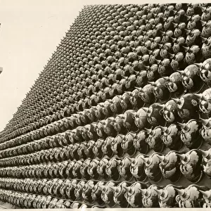 Pyramid of captured German helmets WWI New York. 1919