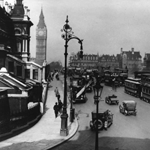 View from Waterloo of traffic crossing Westminster Bridge