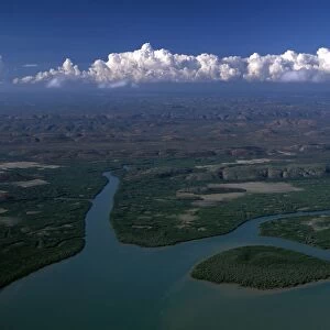 Aerial - King Sound: mangrove-lined river & hills Kimberley region, Western Australia JPF44711