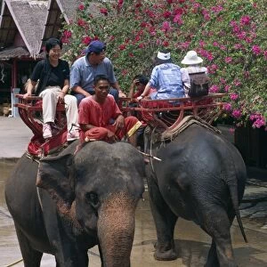 Tourists ride on elephants in the Rose Garden at Nakhon
