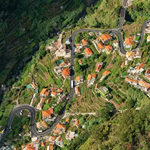 Aerial view of winding road, Curral das Freiras (Pen of the Nuns), Camara de Lobos, Madeira, Portugal