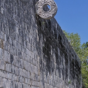 Ancient Mayan ballgame hoop in Chichen Itza sport court. Central America, Mexico