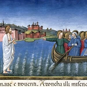 The disciples fishing in the Sea of Galilee. Codex of Predis (1476). Royal Library