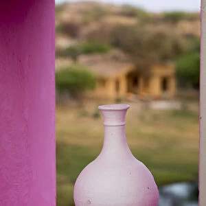 Earthen pot at window in Chhatrasagar, Rajasthan, India