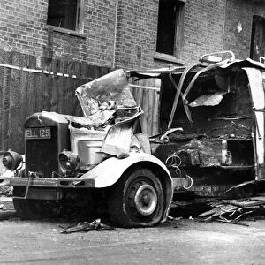 Blitz in London -- bomb damaged pump vehicle, WW2