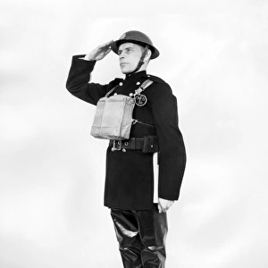 Firefighter in protective fire gear, WW2
