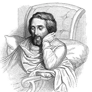 German poet and critic. On his sick-bed. Line engraving after a drawing, 1852, by Charles Gabriel Gleyre