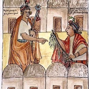INCA QUIPU. An Incan nobleman receives a report from an official, who holds a quipu