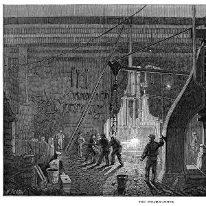 LOCOMOTIVE FACTORY, 1864. Steam hammer at the locomotive factory at Newcastle-On-Tyne, England