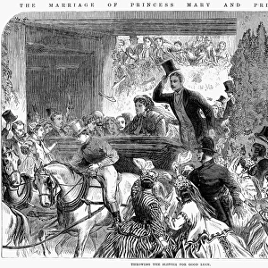 ROYAL WEDDING, 1866. Onlookers throw their slippers for good luck after the marriage of Princess Mary of Cambridge and Prince Francis of Teck, Germany, in London, England, 1866. Wood engraving from a contemporary English newspaper