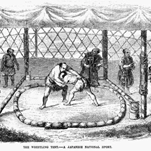 SUMO WRESTLING, 1853. The Wresting Tent. - A Japanese National Sport. Japanese Sumo wrestlers. Wood engraving, 1853, from an English newspaper