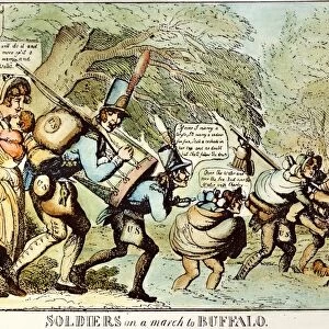 WAR OF 1812: CARTOON, 1813. Soldiers on a march to Buffalo: cartoon, 1813, by William