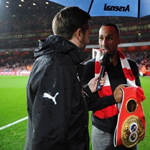 Boxing Champion James DeGale's Half-Time Chat with Arsenal's Nigel Mitchell and Jimmy McDonnell (Arsenal v Everton, 2015/16)