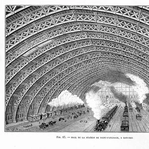 Interior of St Pancras Railway Station, London 1865. Using an iron latticed arched