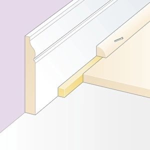 Digital Illustration of cork expansion strip, and quadrant moulding nailed to skirting board