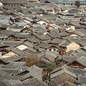 Lijiang Old Town bird eye top top view with local historical architectures roof building