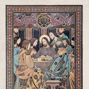 Religious painting Jesus at last supper with disciples art nouveau illustration