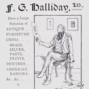 Advertisement for F G Halliday antiques, Eton, Buckinghamshire (litho)