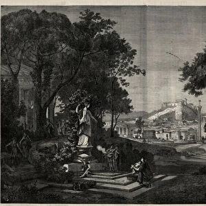 Ancient Greece: view of the gardens of Venus a Athenes. Engraving after a painting by