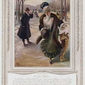Belle Epoque Paris, Fashionable lady in the Bois de Boulogne (colour litho)