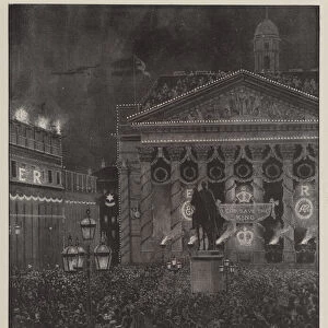 The Coronation Illuminations at the Royal Exchange, with the Bank of England on the Left (engraving)