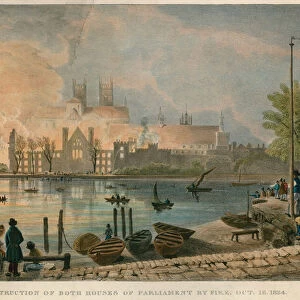The destruction by fire of the Houses of Parliament by fire on 16 October 1834 (coloured engraving)