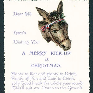 Donkey with mistletoe tucked into harness, Christmas Card (chromolitho)