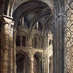 Durham, Interior of Cathedral looking Across the Nave into South Transept (colour litho)