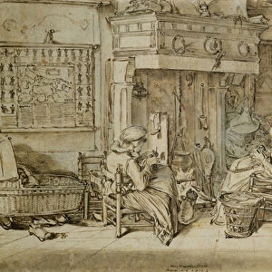 Dutch interior, 1617 (pen, ink and brush on paper)