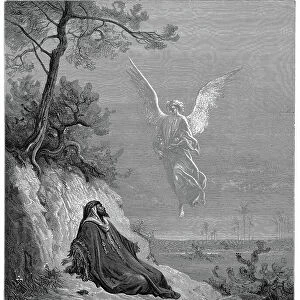 Elijah goes into wilderness and asks to die, but angel comes and bids him Arise and eat'. Bible 1 Kings 19. 5. From Gustave Dore Bible 1865-1856. Wood engraving