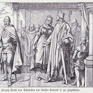 Ernest II, Duke of Swabia, before King Conrad II of Germany after rebelling against him, 1026 (engraving)