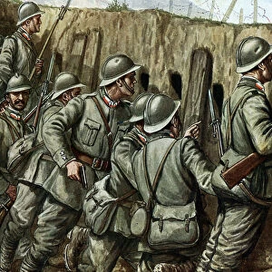 First World War: "soldiers of the Italian army in the trenches, 1916"(WWI: italian soldiers in the trenches, 1916) llustration by Tancredi Scarpelli (1866-1937) from "Storia d Italia"by Paolo Giudici