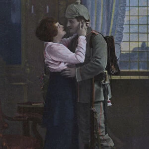 German soldier saying farewell to his wife before going off to war (coloured photo)