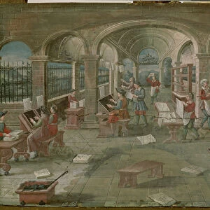 Interior of a Printing Works in the 16th Century (gouache on paper)