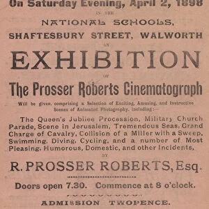 Leaflet advertising an exhibition of the Prosser Roberts Cinematograph (engraving)
