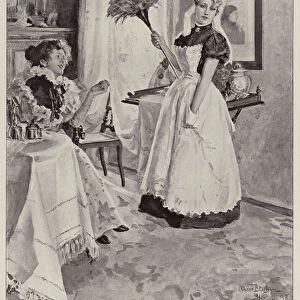 Maid explaining to a housewife why she wants to leave her job (litho)