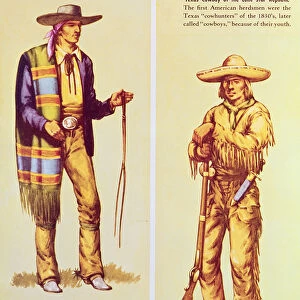 A Mexican Vaquero and an American Cowboy (colour litho)