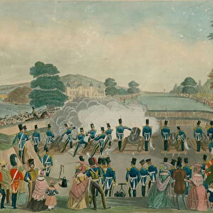 The mortar battery at Woolwich, London (coloured engraving)