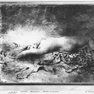 Naked young girl lying on an animal skin (stump & black pencil on paper) (b / w photo)