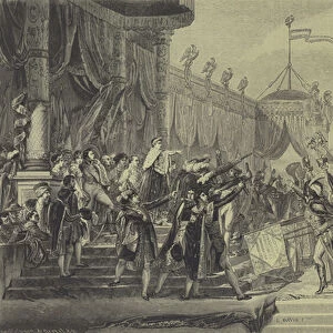 Napoleon distributing eagle standards to the French Army, 5 December 1804 (engraving)
