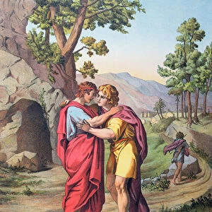 The Parting of David and Jonathan, illustration from a catechism, c. 1860 (colour litho)