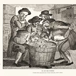 Peasants ducking for apples in a barrel, 18th century. 1906 (lithograph)