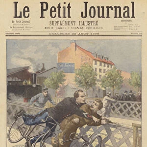 A policeman making an arrest from his bicycle (colour litho)