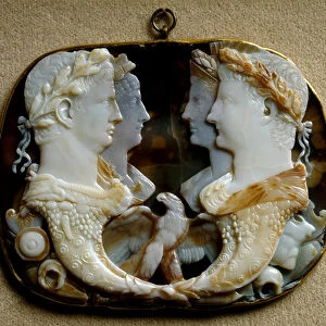Roman Art: Onyx camee (Gemma Claudia) decorates representations of imperial couples