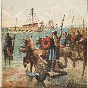Romans conquer Britain, pub. 1890 (colour lithograph)