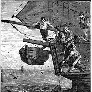 Shark fishing. Engraving 19th by Yan Dargent. A shark came up at the end of a line aboard the boat