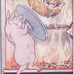 He took off the cover of the pot, and in fell the wolf. (colour litho)