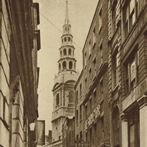 Tower of St Brides Church from Bride Lane, City of London (b / w photo)