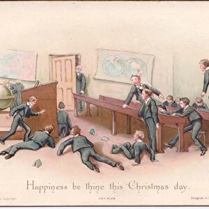 A Victorian Christmas card of a headmaster looking at unruly boys in a classroom, c